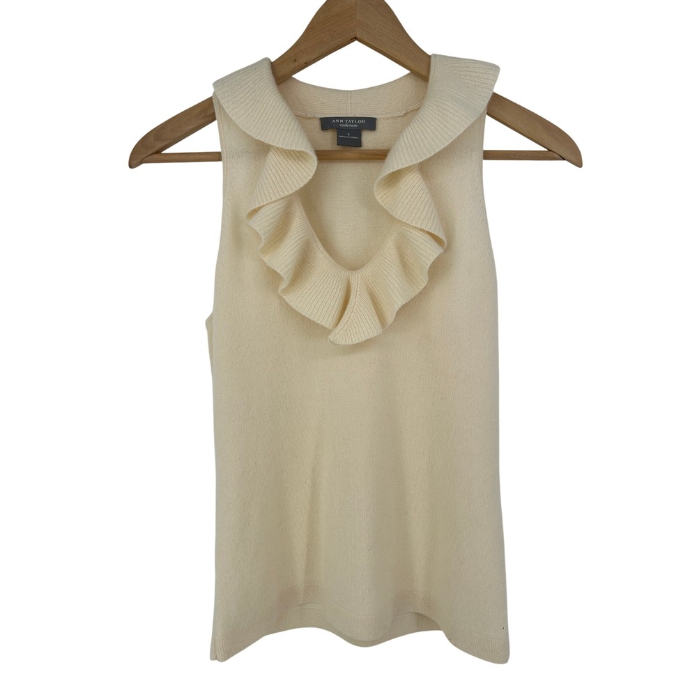 Ann Taylor Cashmere Sweater Women S Cream Ruffle V-Neck Sleeveless